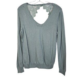 Maurices Medium Lace Open Back V-Neck Long Sleeve Top Shirt Blue Gray